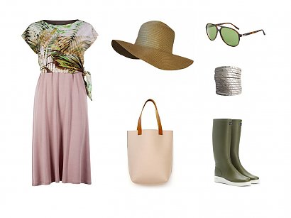 sukienka BIALCON; torba DECOBAZAAR ; kapelusz TKMAXX ; okulary GUCCI ; bransoletka DECOBAZAAR; kalosze Le Chameau