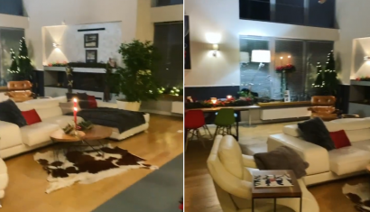 Salon jest duży i ma kącik wypoczynkowy w centralnej części. Stoją w nim skórzane meble.